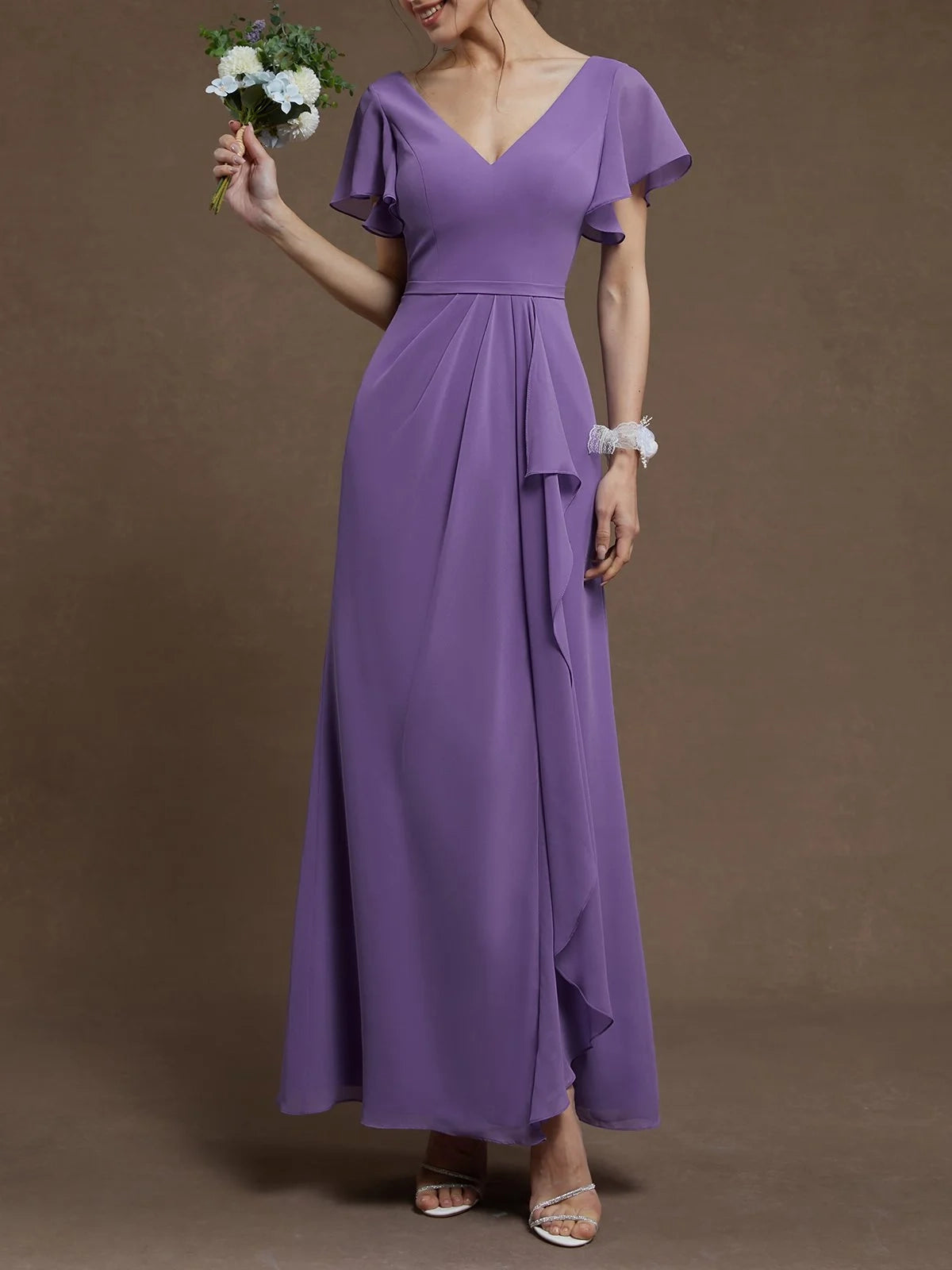 Simple A-Line V Neck Ruffle Sleeve Zipper Up Floor-Length Prom Dress